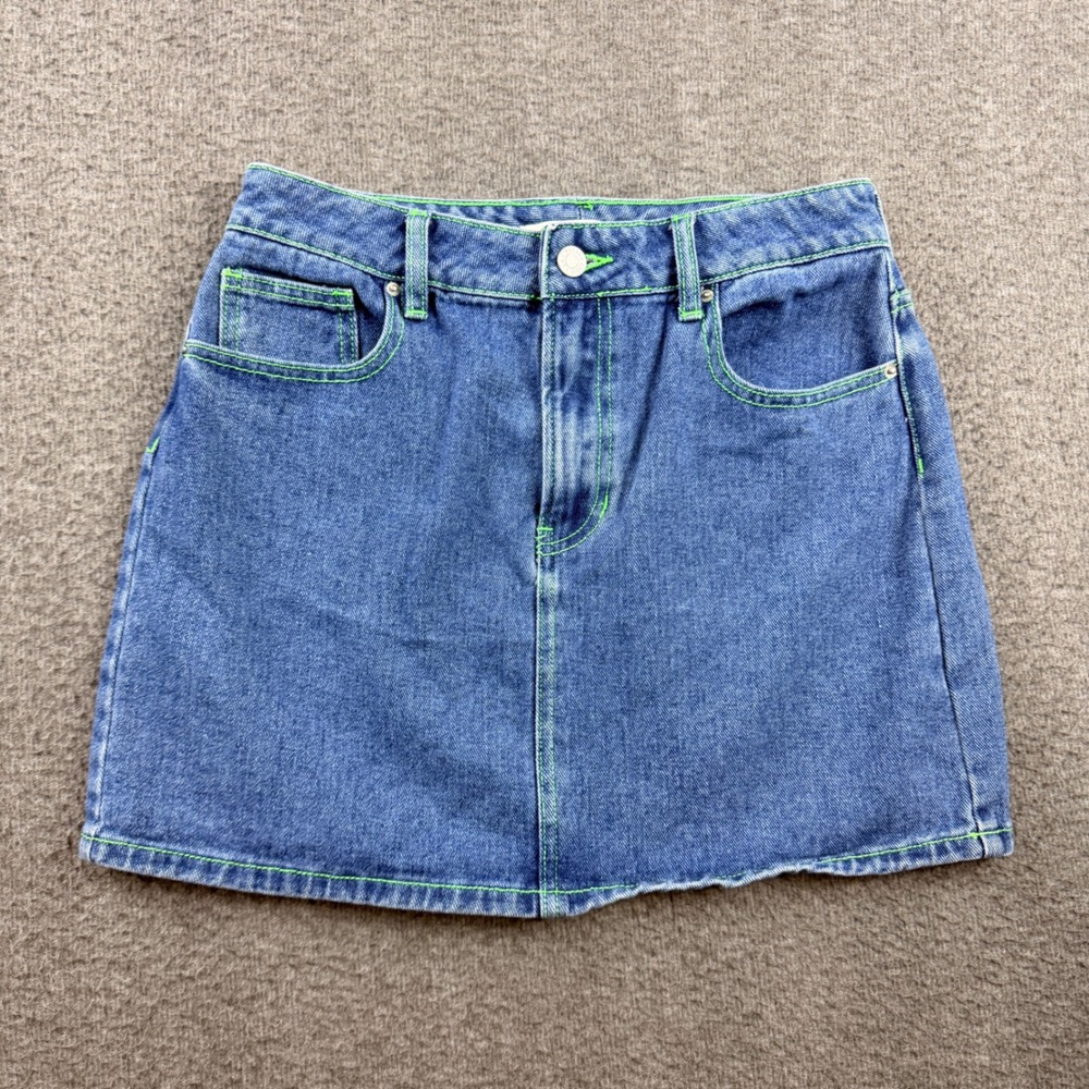 PacSun Blue Denim Women's 27 Mini Skirt Neon Green Contrast Stitching